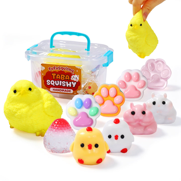 FUFUSQUISHY 10 Pack Chick Mix Taba Squishy Toys Kit with Toy Set Box & Cute Stickers, Handmade Kawaii Taba Squishies, Stress Relief Sensory Fidget Toys, Party Favors for Kids Ages 4-8 8-12, Holiday Gifts & Basket Stuffers