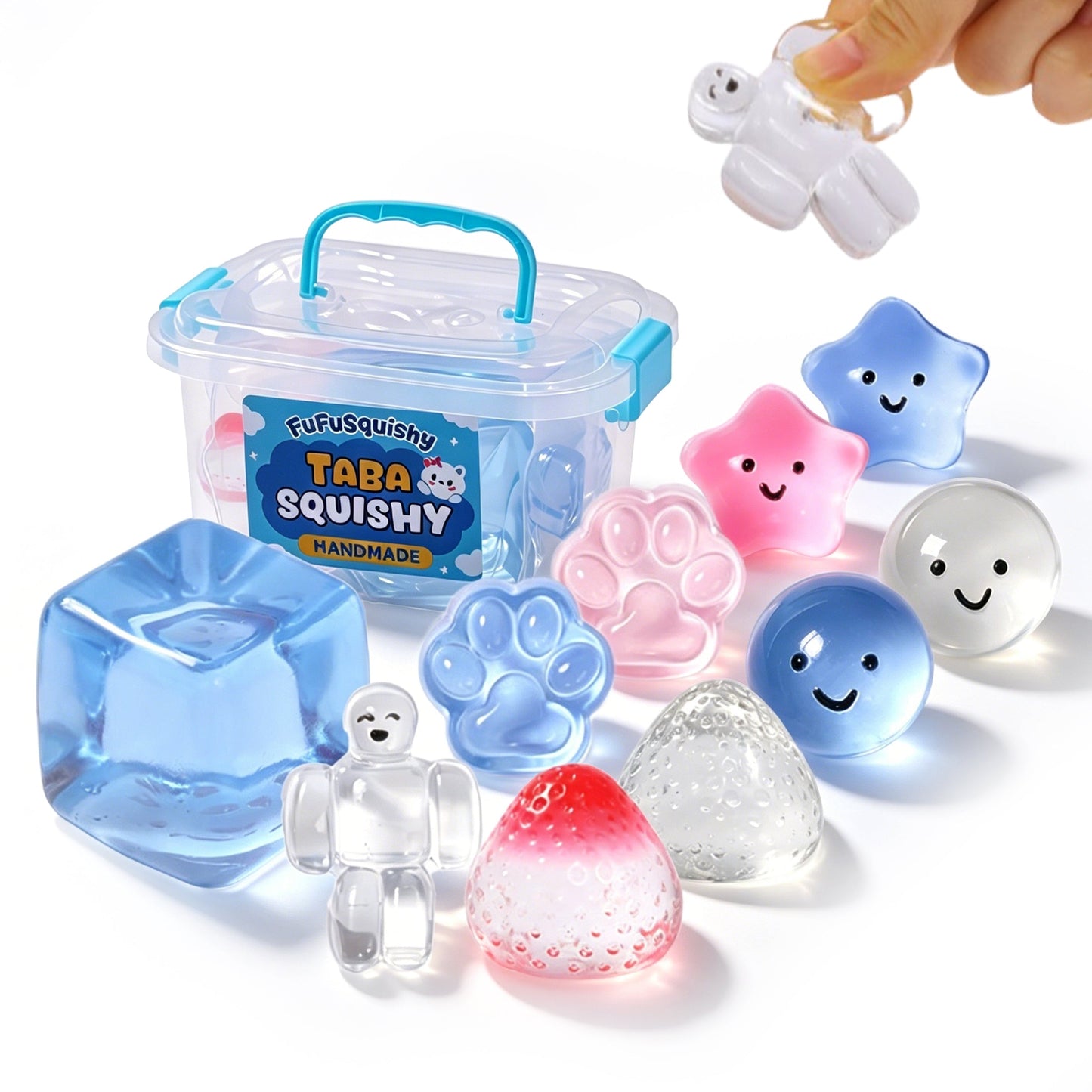 FUFUSQUISHY 10 Pack Crystal Mix Taba Squishy Toys Kit with Toy Set Box & Cute Stickers, Handmade Kawaii Taba Squishies, Stress Relief Sensory Fidget Toys, Party Favors for Kids Ages 4-8 8-12, Holiday Gifts & Basket Stuffers