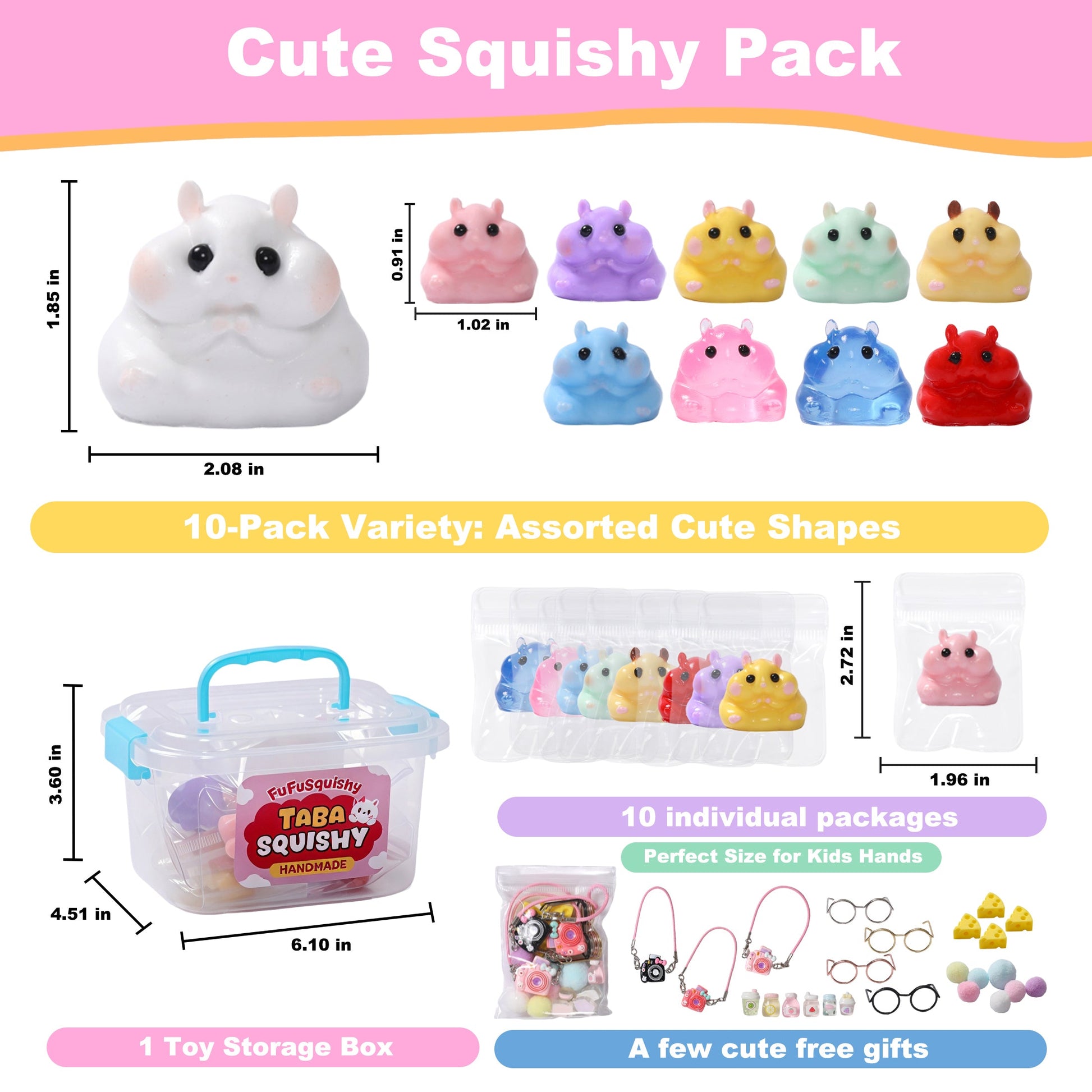 FUFUSQUISHY 10 Pack Hamster Taba Squishy Toys Kit with Toy Set Box & Cute Stickers, Handmade Kawaii Taba Squishies, Stress Relief Sensory Fidget Toys, Party Favors for Kids Ages 4-8 8-12, Holiday Gifts & Basket Stuffers