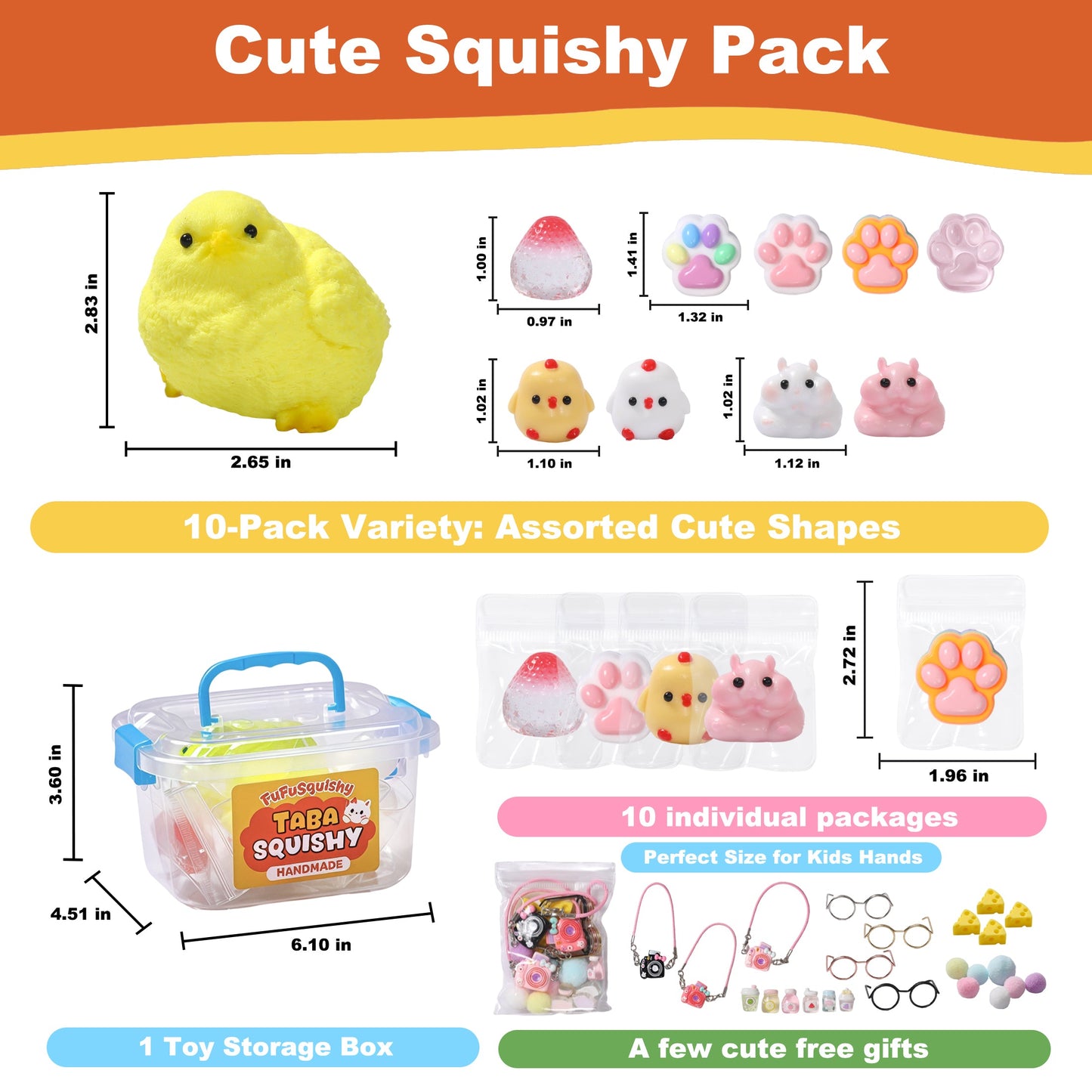 FUFUSQUISHY 10 Pack Chick Mix Taba Squishy Toys Kit with Toy Set Box & Cute Stickers, Handmade Kawaii Taba Squishies, Stress Relief Sensory Fidget Toys, Party Favors for Kids Ages 4-8 8-12, Holiday Gifts & Basket Stuffers