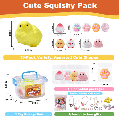 FUFUSQUISHY 10 Pack Chick Mix Taba Squishy Toys Kit with Toy Set Box & Cute Stickers, Handmade Kawaii Taba Squishies, Stress Relief Sensory Fidget Toys, Party Favors for Kids Ages 4-8 8-12, Holiday Gifts & Basket Stuffers