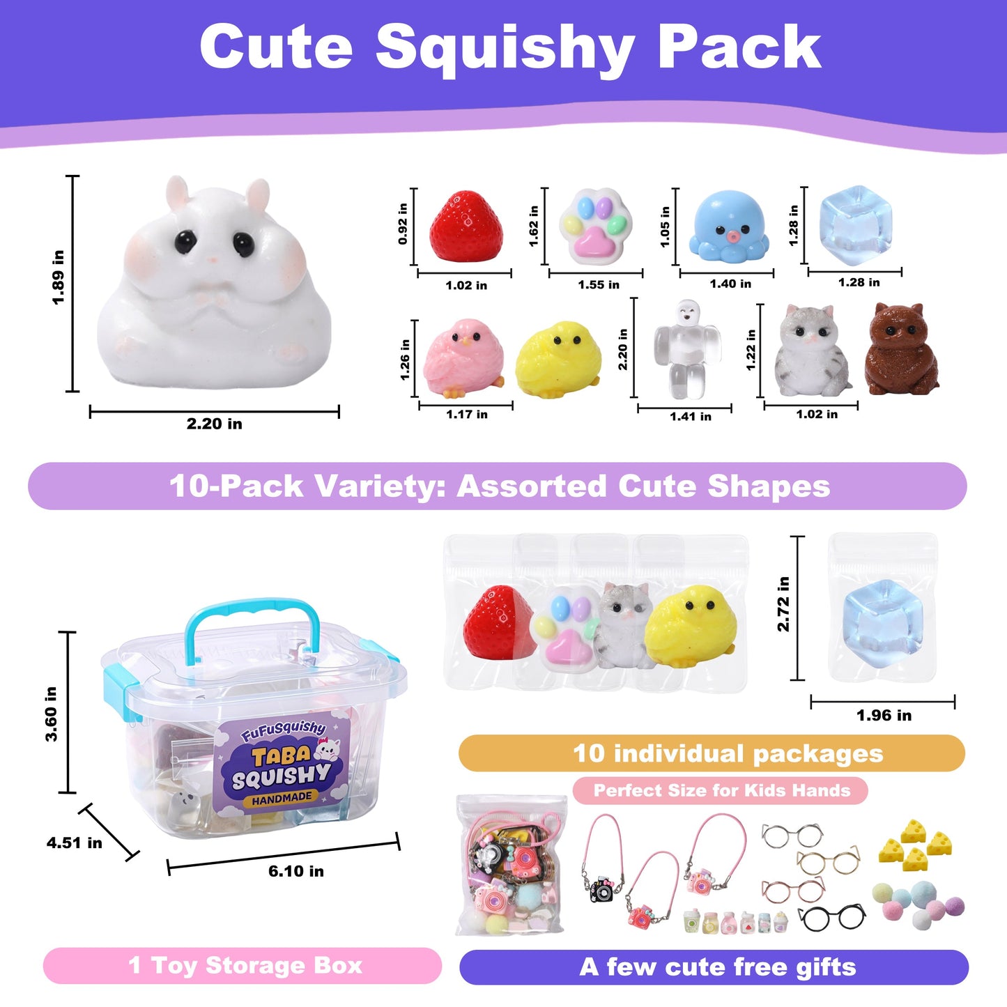 FUFUSQUISHY 10 Pack Popular Mix Taba Squishy Toys Kit with Toy Set Box & Cute Stickers, Handmade Kawaii Taba Squishies, Stress Relief Sensory Fidget Toys, Party Favors for Kids Ages 4-8 8-12, Holiday Gifts & Basket Stuffers
