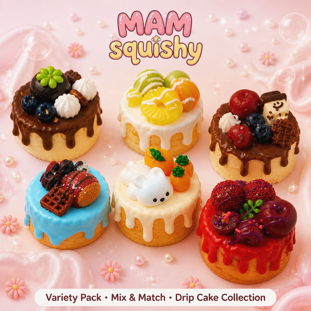 MAMsquishy drip cake squishy collection with six dessert designs
